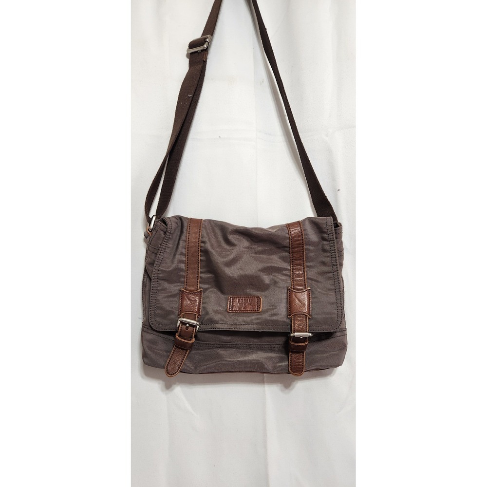 Fossil Canyon Brown Nylon Leather Trim Messenger Bag Crossbody Utility Travel